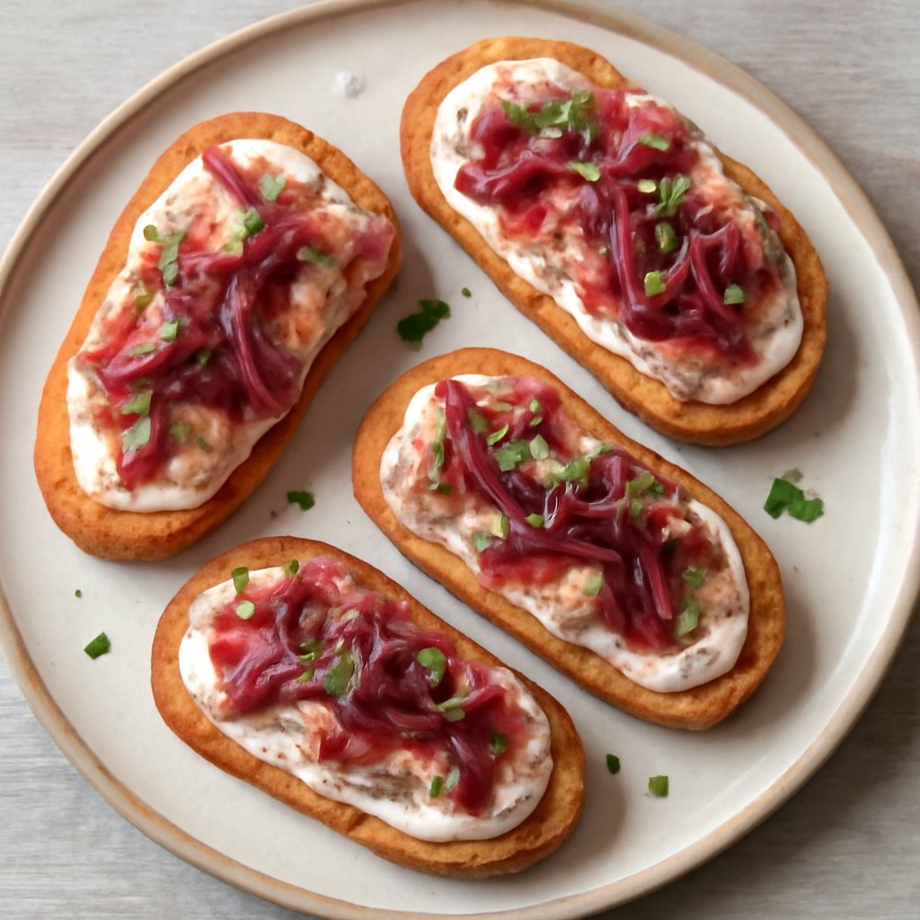 Tartine con tonno sottovuoto, cipolle in agrodolce e crema di formaggio