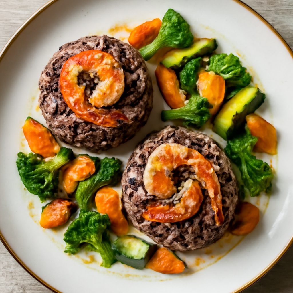 Timballini di orzo al radicchio con gamberoni e verdure (robot da cucina Friend)