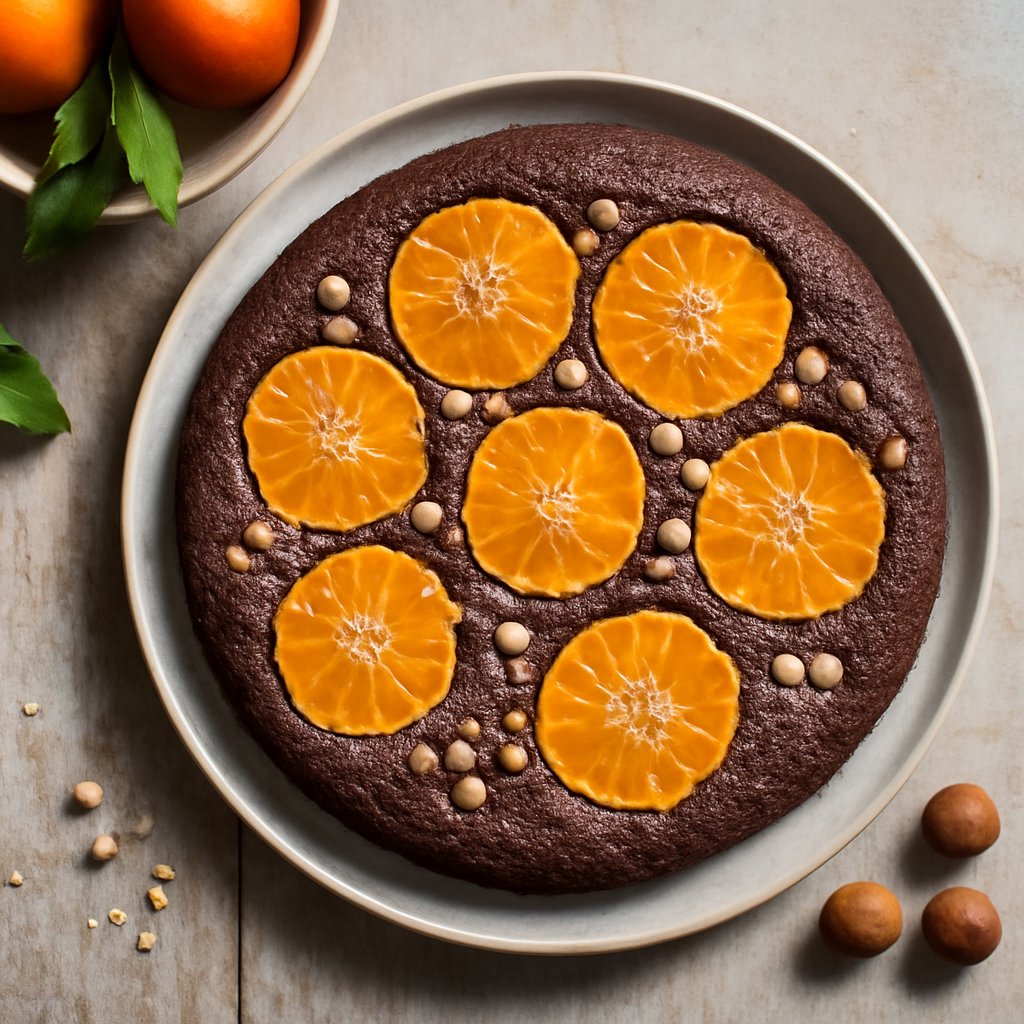 Torta al cioccolato fondente, clementine e nocciole