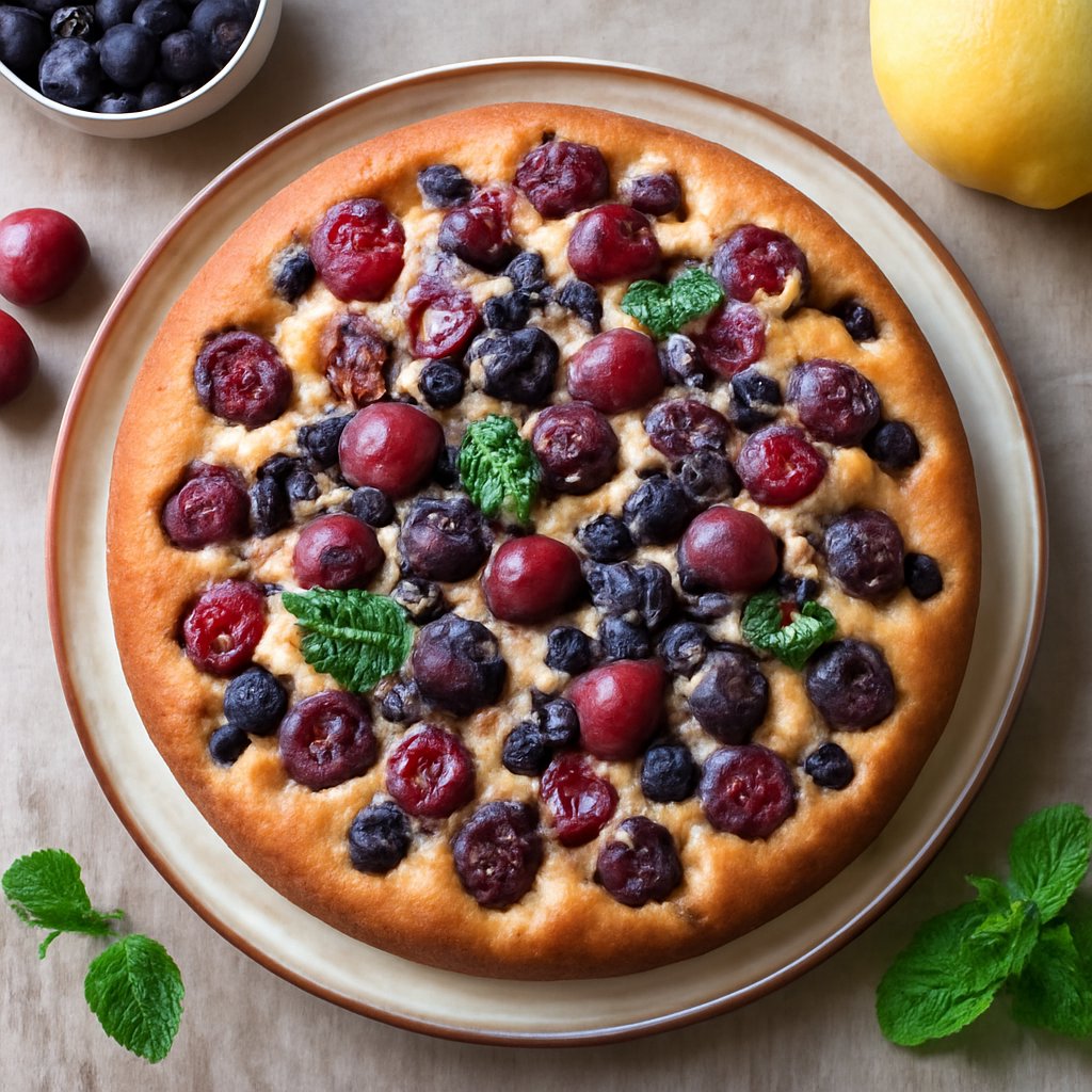 Torta ricotta, ciliegie e mirtilli aromatizzata al bergamotto