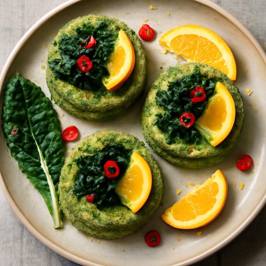 Tortini al cavolo nero, peperoncino e arancia