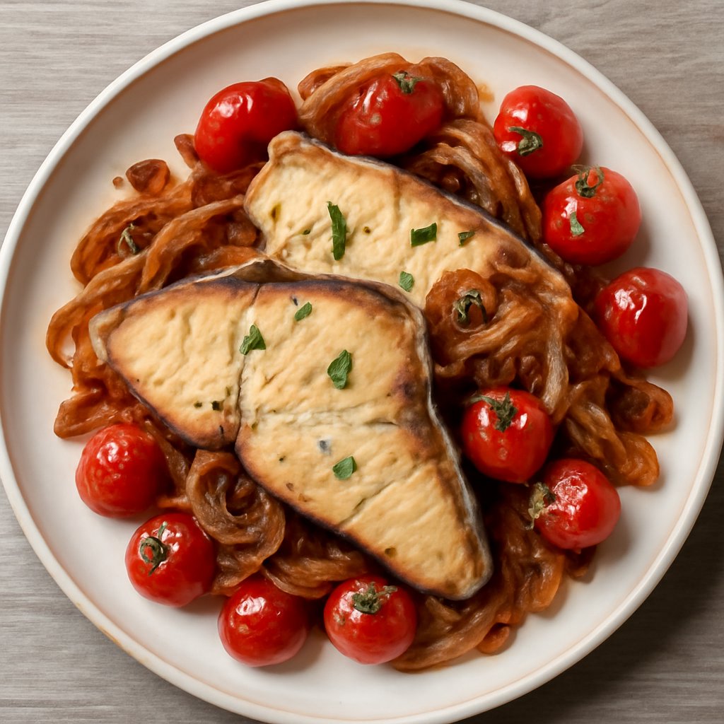 Tranci di pesce spada con cipolle caramellate e pomodorini