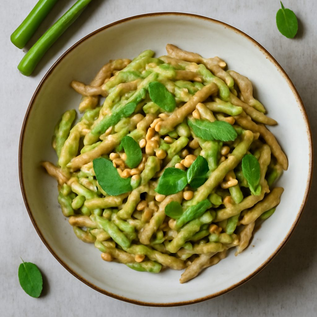Trofie integrali con crema di asparagi, menta e arachidi