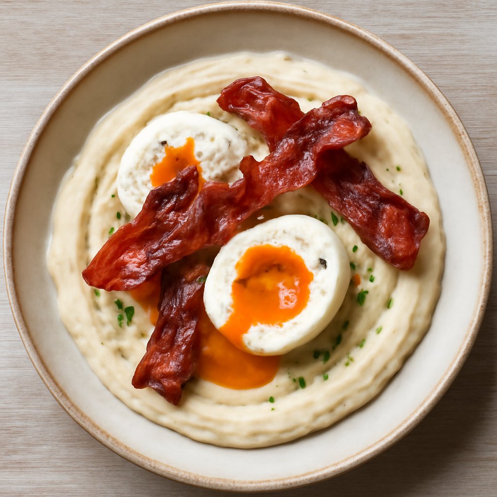 Uova barzotte su purea di sedano rapa con bacon croccante