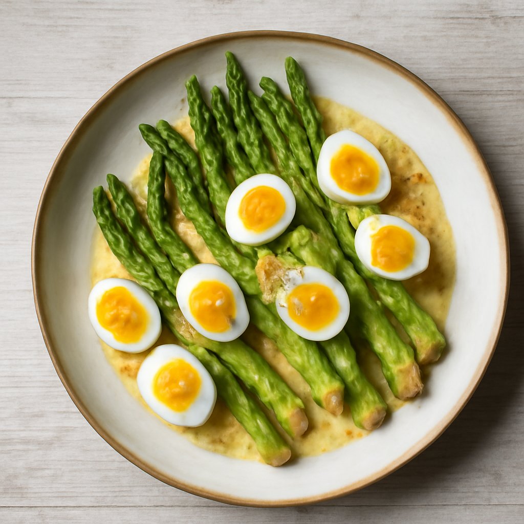 Uova di quaglia e asparagi in salsa di senape
