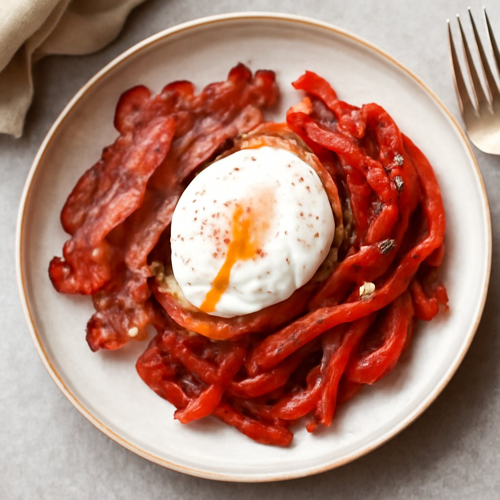 Uova in camicia con pancetta e peperoni arrostiti