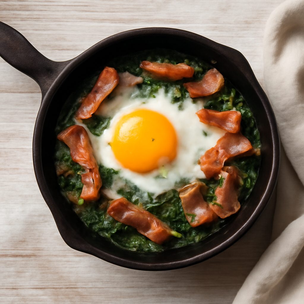 Uova in cocotte con spinaci e bacon