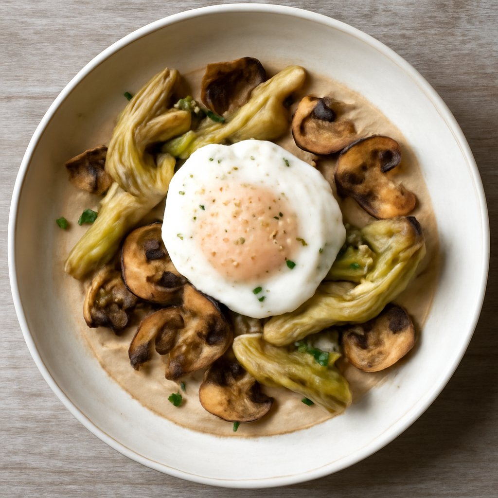 Uovo pochè con carciofi, funghi e salsa alla panna