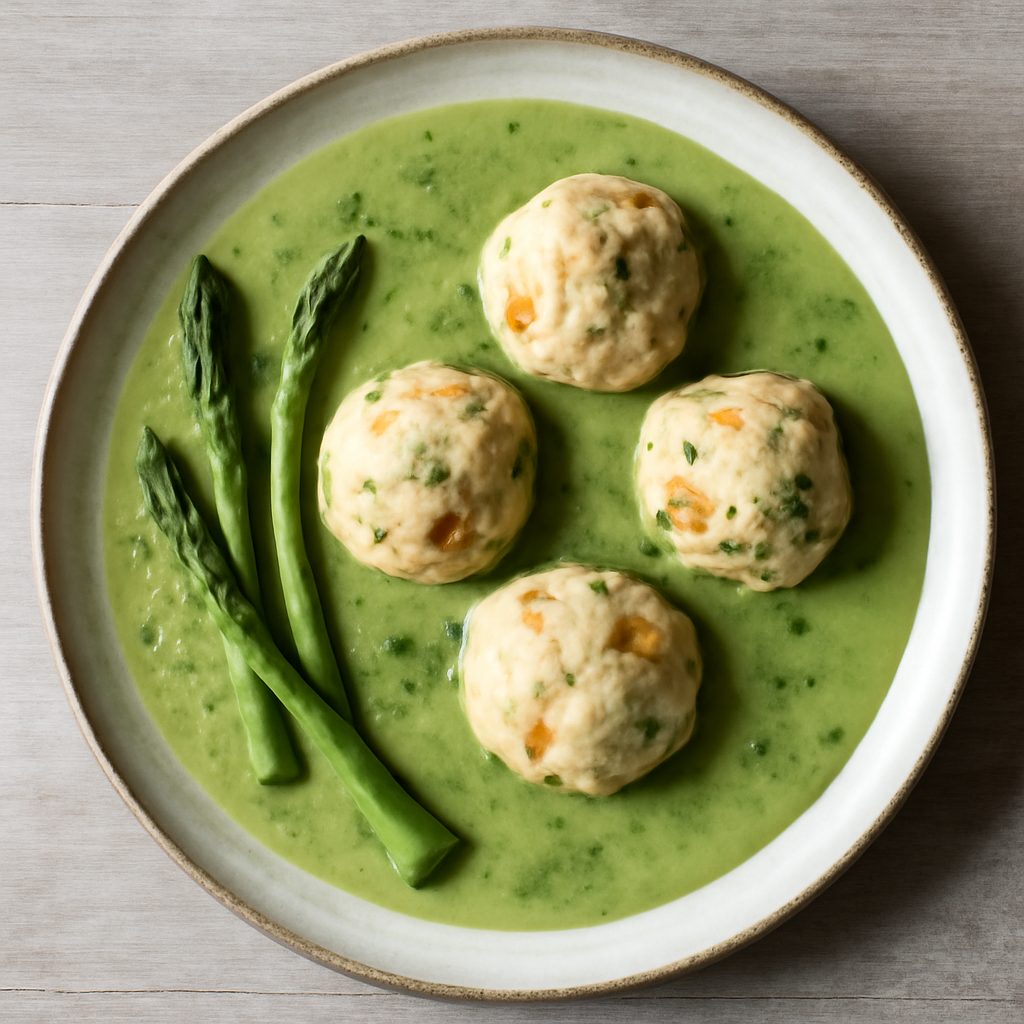 Vellutata di asparagi e aneto con polpette di pollo e verdure a vapore