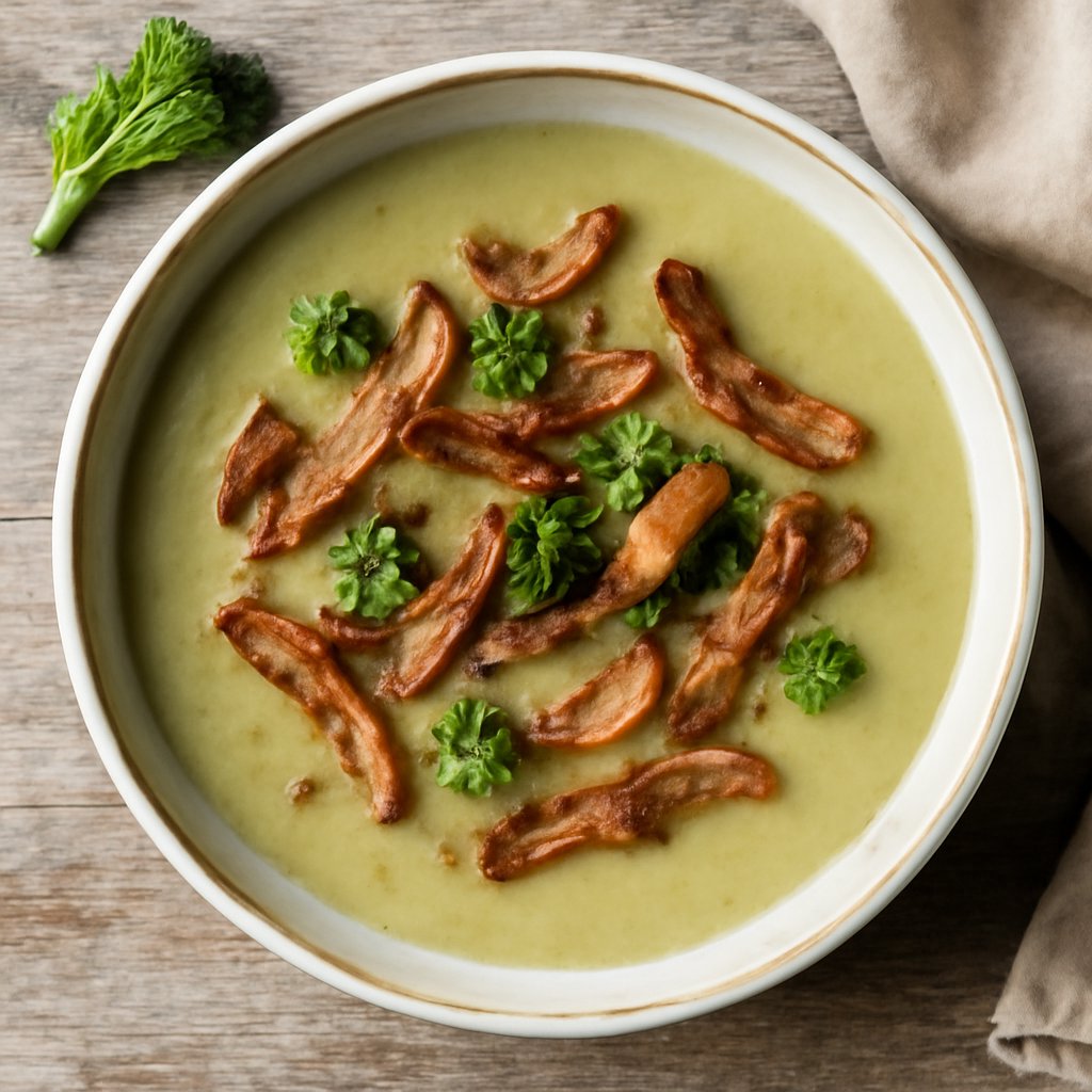 Vellutata di gambi di broccoli e bucce di patate croccanti