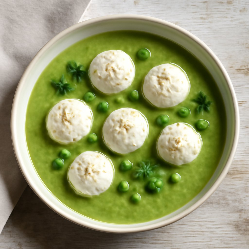 Vellutata di piselli con palline di ricotta