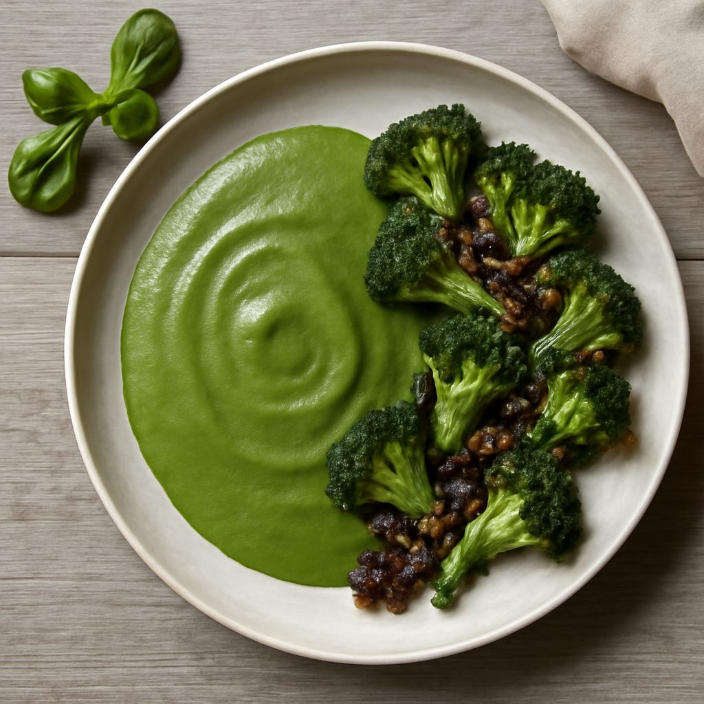 Vellutata di valeriana e contorno di broccoli con salsa alle olive