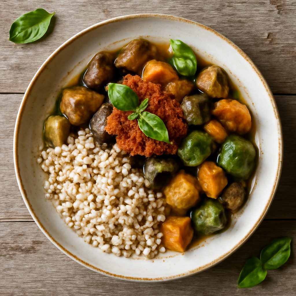 Verdure a Cottura Lenta con sorgo e pesto di pomodori secchi