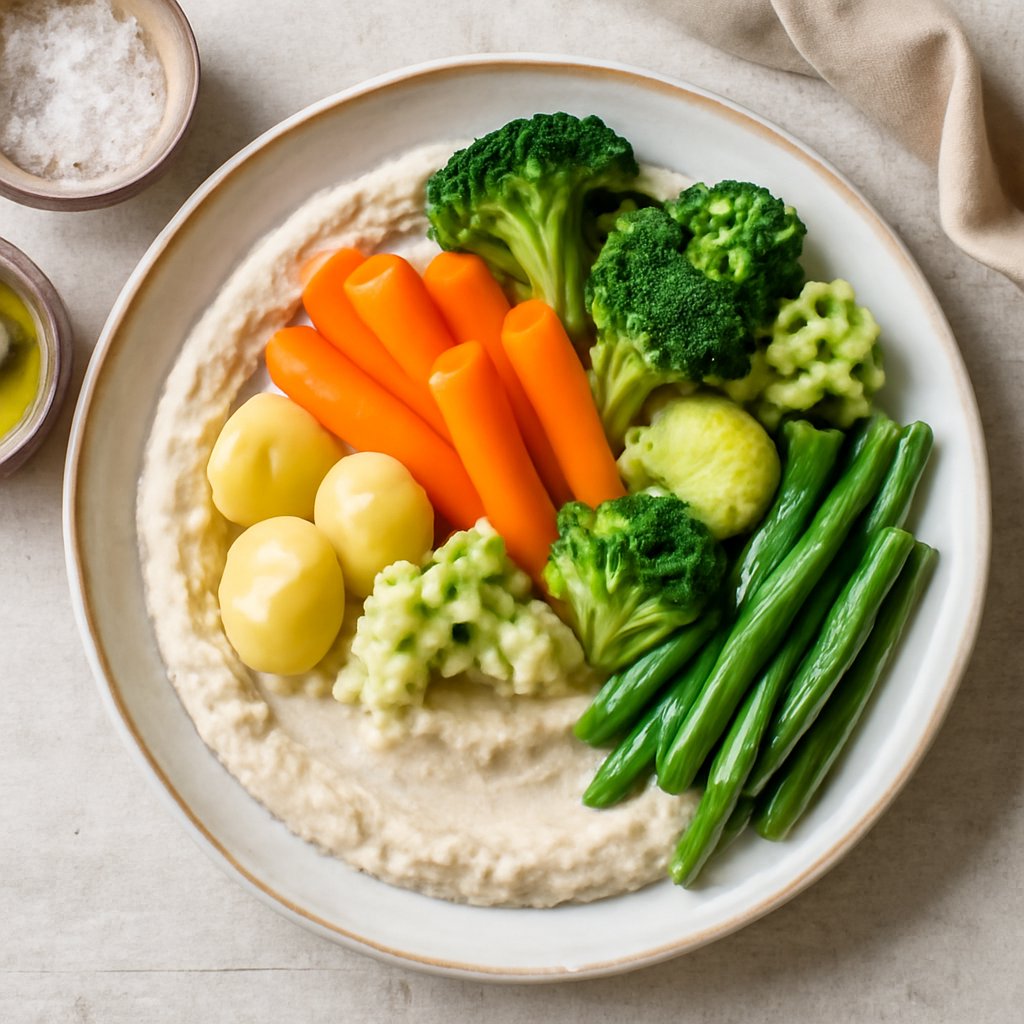 Verdure al vapore con hummus di cavolfiore