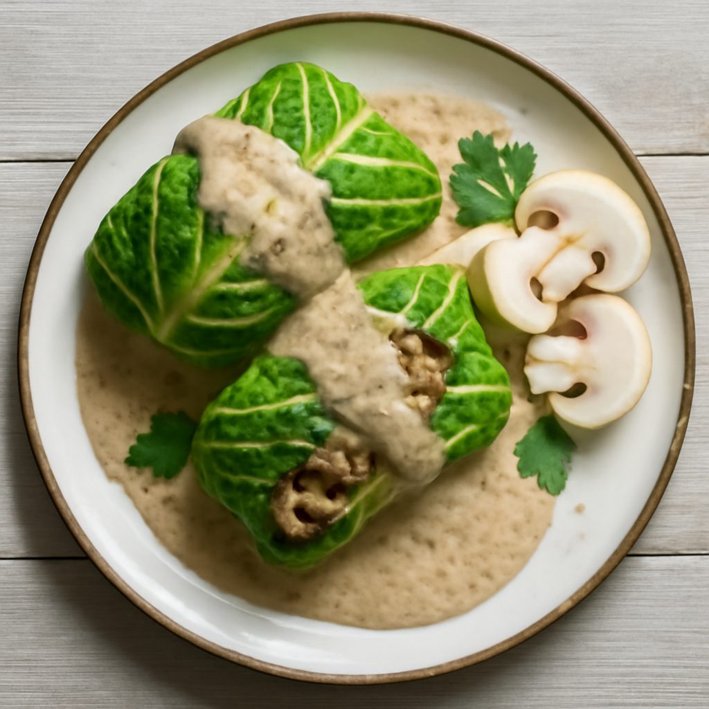 Verza ripiena di champignon e salsa ai funghi porcini
