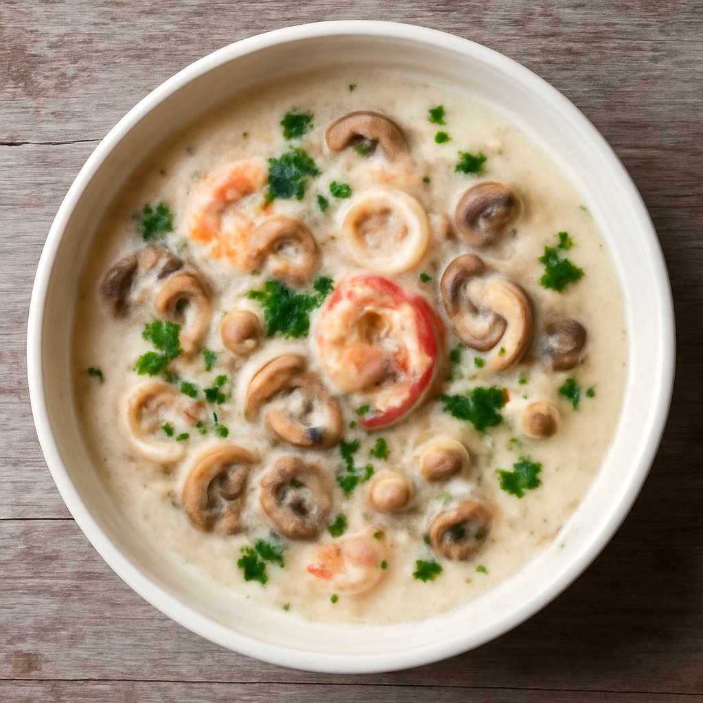 Zuppa bianca di frutti di mare al rafano e funghi