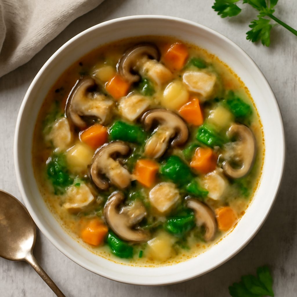 Zuppa di funghi e tacchino con verdure