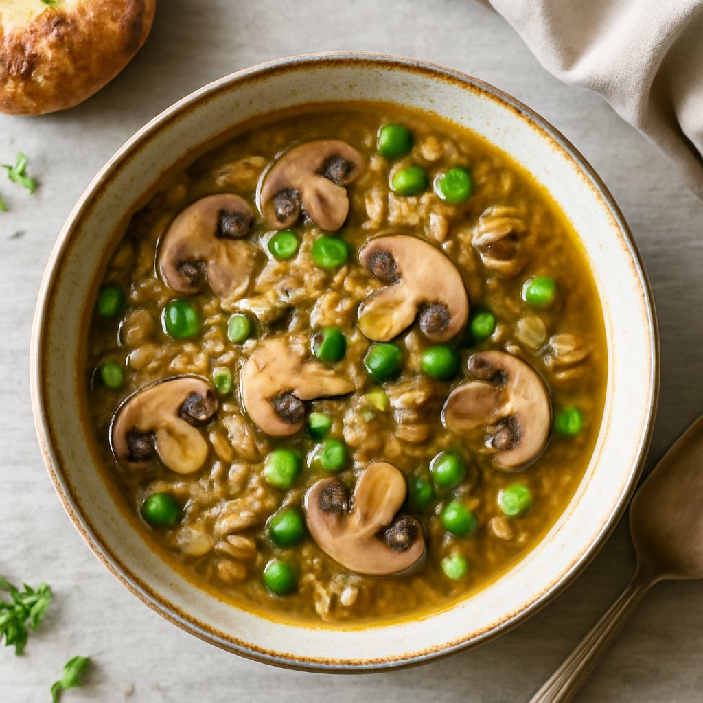 Zuppa di orzo, funghi e piselli