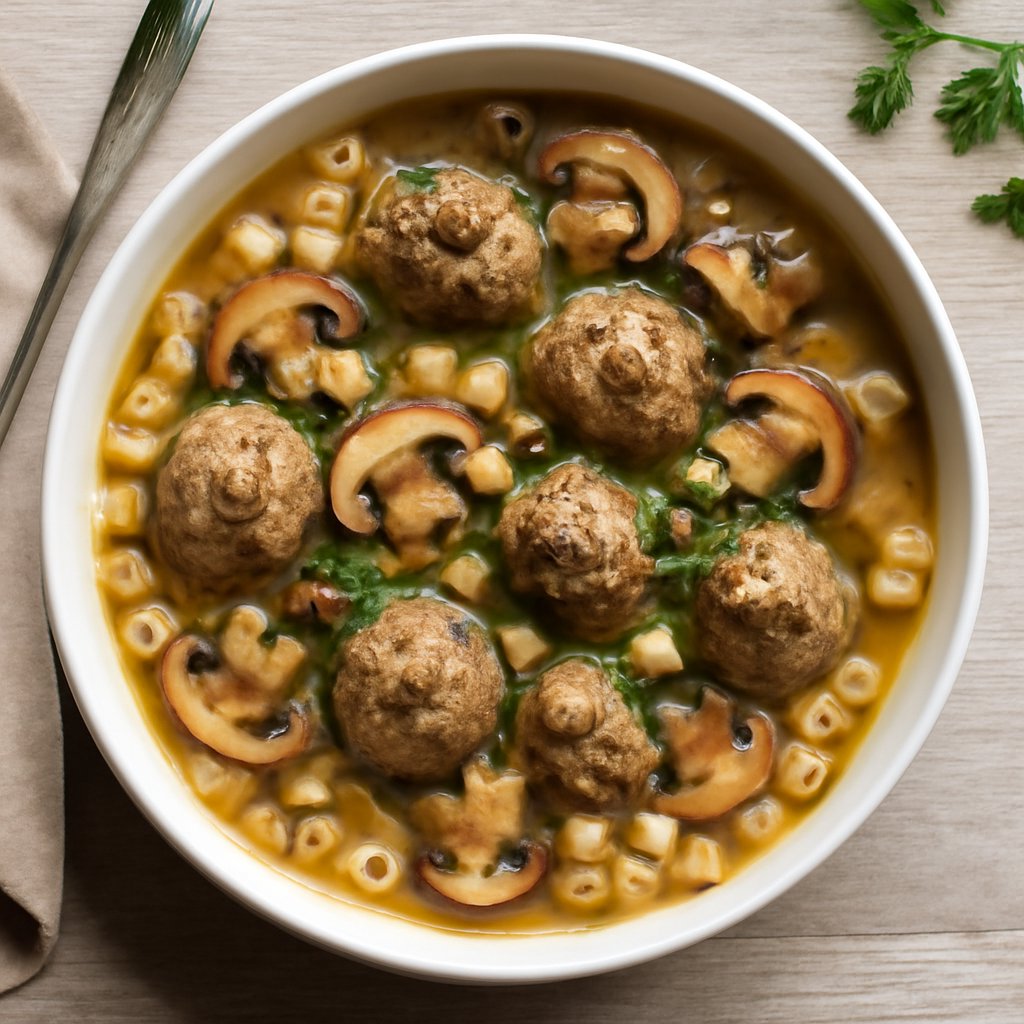 Zuppa di pasta e polpette ai funghi