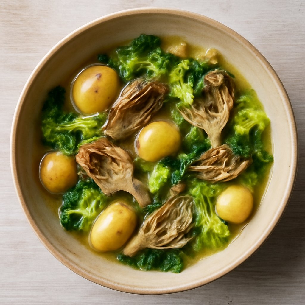 Zuppa di patate novelle, carciofi e scarola