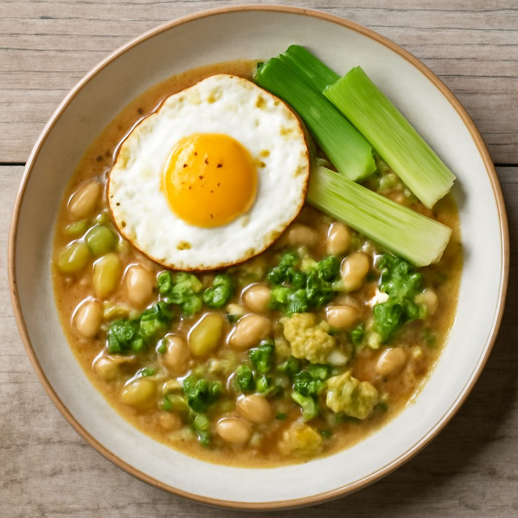 Zuppa di patate, verza e fagioli, uova all’occhio di bue e porri al vapore.
