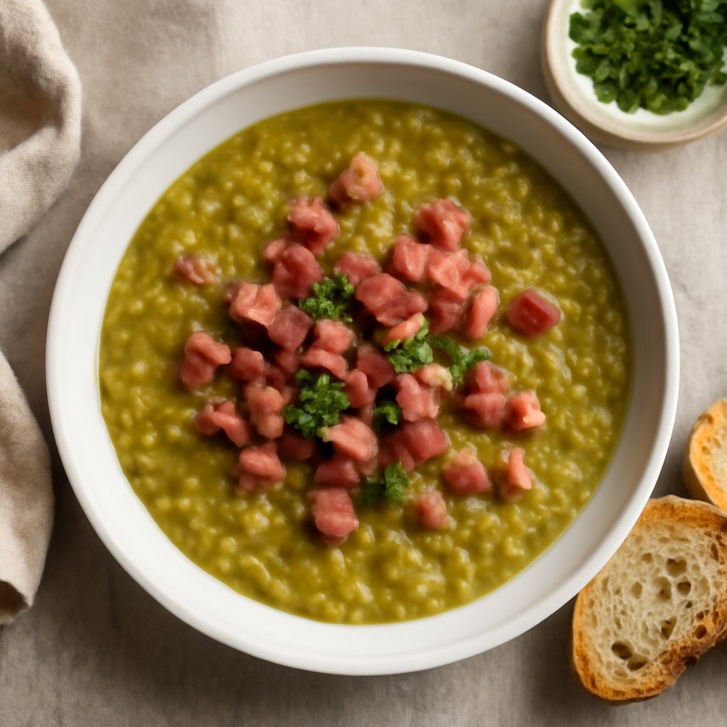 Zuppa di piselli spezzati e prosciutto
