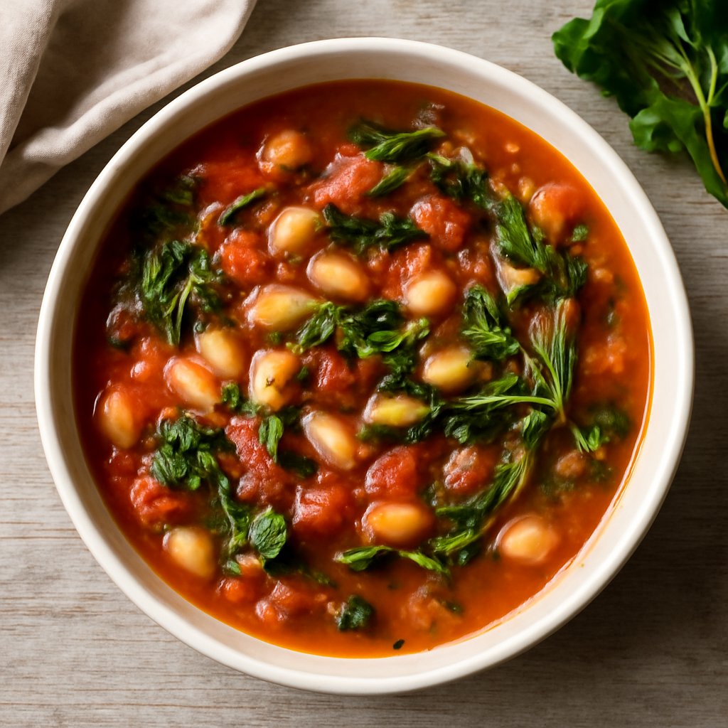 Zuppa di pomodori, fagioli e bietole