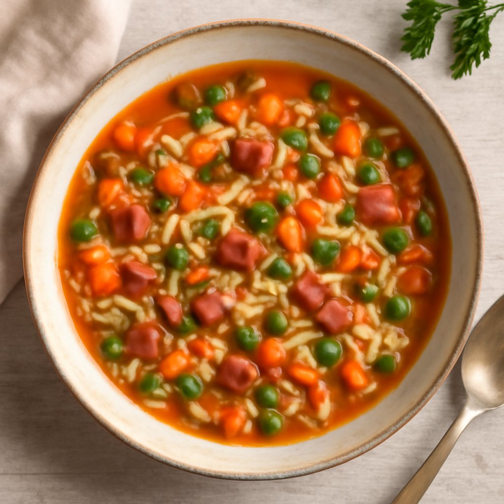 Zuppa di risoni, pancetta e verdure