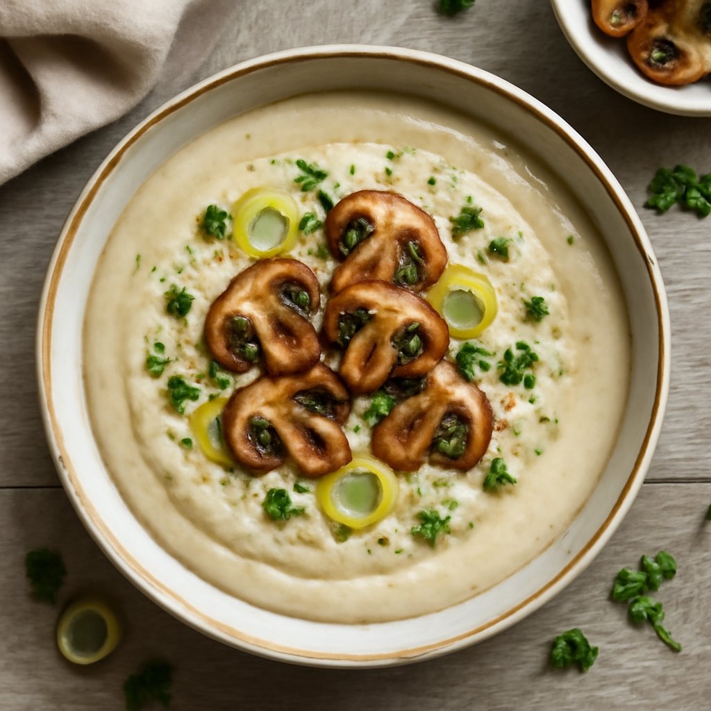 Zuppa di sedano rapa e porri con funghi