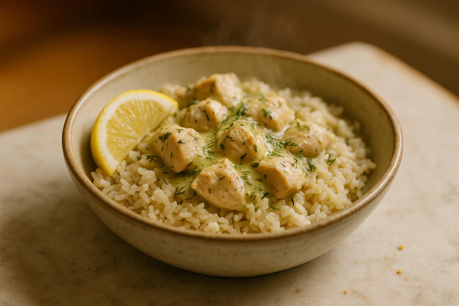 Bowl di Pollo e Riso con Salsa Limone e Aneto