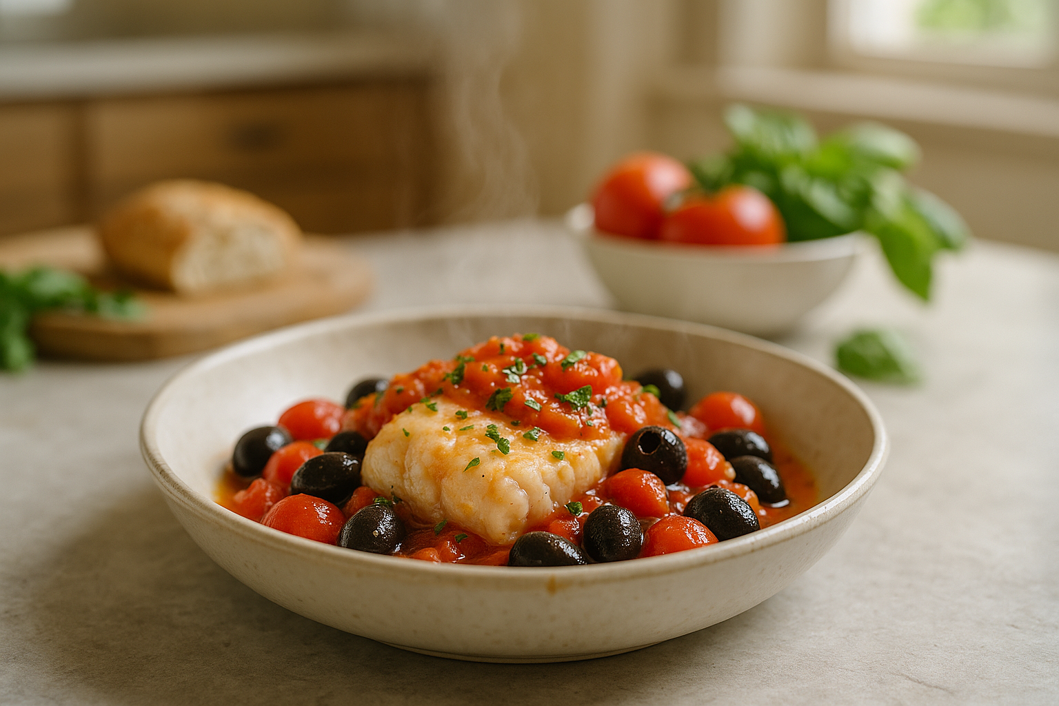 Filetto di Merluzzo con Pomodorini e Olive