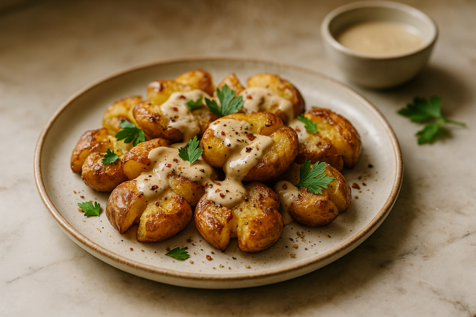 Patate Schiacciate Croccanti con Salsa Tahini