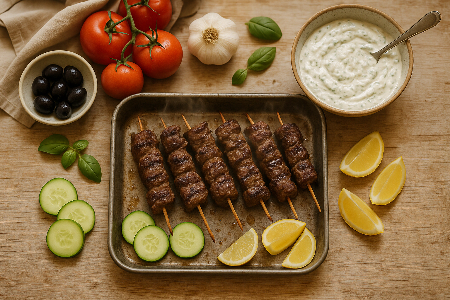 Spiedini di Manzo in Teglia con Tzatziki